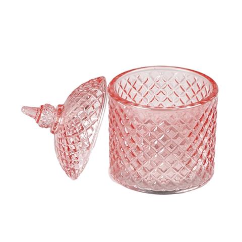 Contenitore in vetro lavorato con coperchio rosa