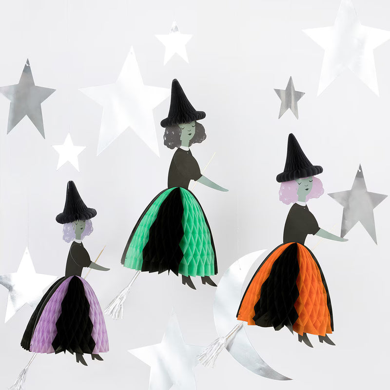 Decorazioni a forma di strega volante a nido d'ape (x3)